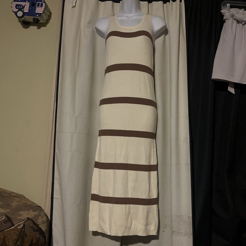 Zoco Endless Blu Womens Sweater Dress Sz Medium Beige Brown Stripes Sleeveless